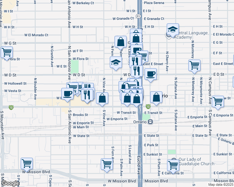 map of restaurants, bars, coffee shops, grocery stores, and more near 316 West B Street in Ontario