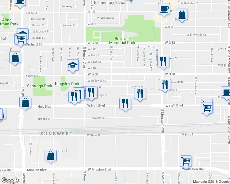 map of restaurants, bars, coffee shops, grocery stores, and more near 1356 West Stoneridge Court in Ontario