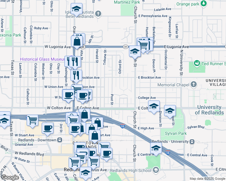 map of restaurants, bars, coffee shops, grocery stores, and more near 930 Post Street in Redlands