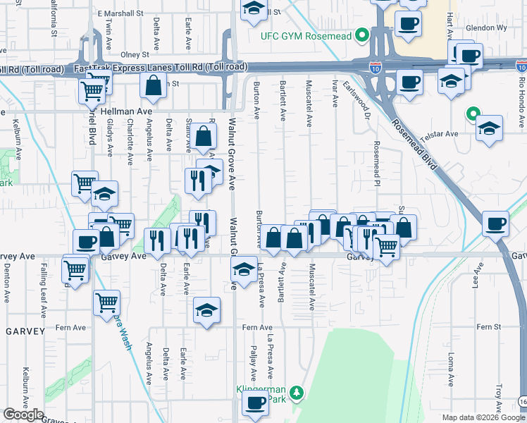 map of restaurants, bars, coffee shops, grocery stores, and more near 3118 Burton Avenue in Rosemead