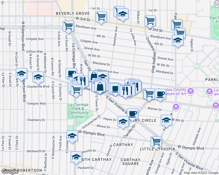 map of restaurants, bars, coffee shops, grocery stores, and more near 660 North Sweetzer Avenue in West Hollywood
