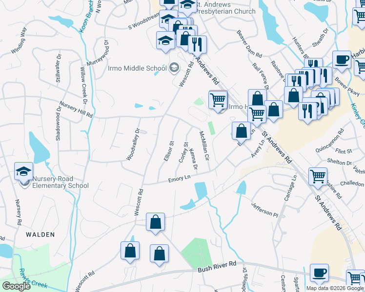 map of restaurants, bars, coffee shops, grocery stores, and more near 5838 Kenna Drive in Columbia