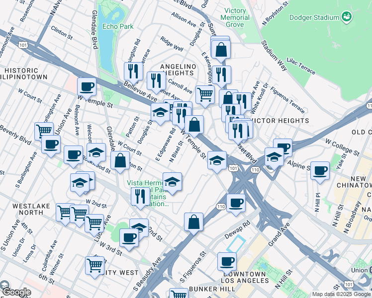 map of restaurants, bars, coffee shops, grocery stores, and more near Firmin Street in Los Angeles