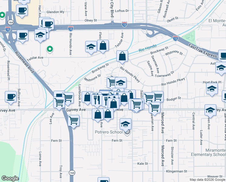 map of restaurants, bars, coffee shops, grocery stores, and more near 3108 Adelia Avenue in El Monte