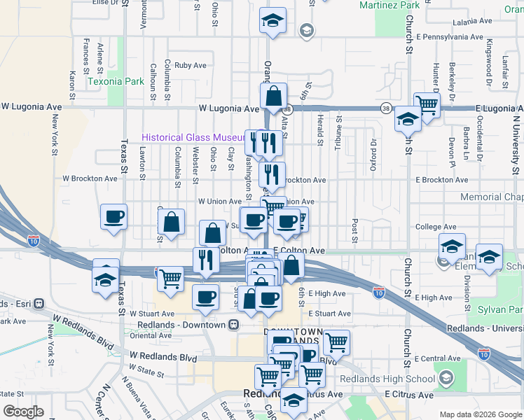 map of restaurants, bars, coffee shops, grocery stores, and more near 927 Orange Street in Redlands