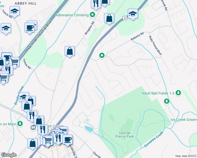 map of restaurants, bars, coffee shops, grocery stores, and more near 3999 Grand Park Drive Northeast in Suwanee