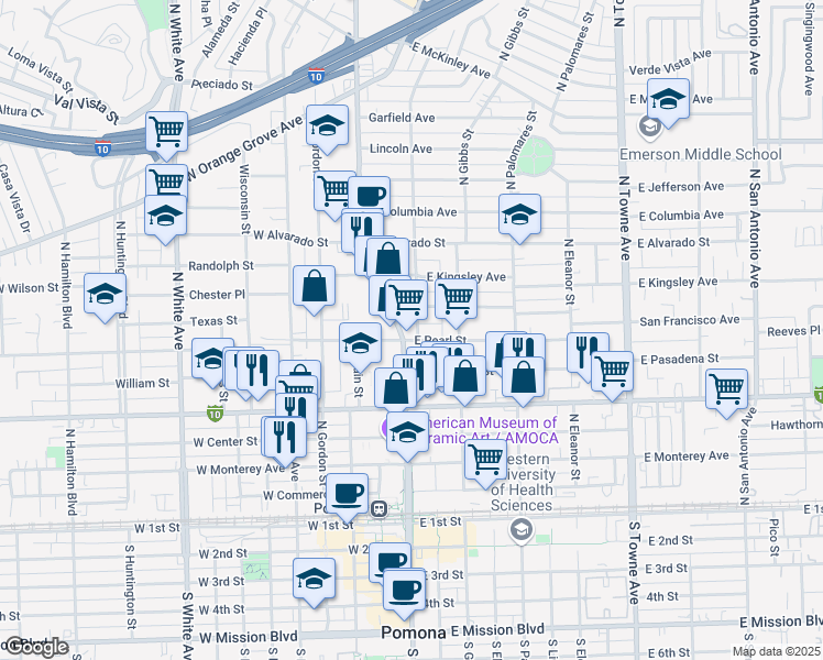map of restaurants, bars, coffee shops, grocery stores, and more near 707 Bradford Street in Pomona