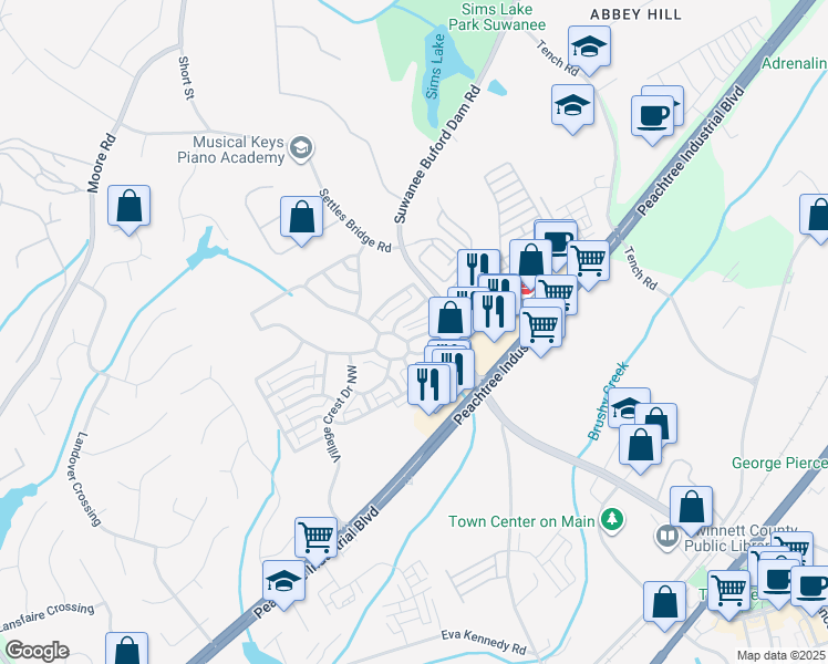map of restaurants, bars, coffee shops, grocery stores, and more near 4371 Grove Field Park Northwest in Suwanee