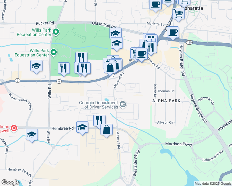 map of restaurants, bars, coffee shops, grocery stores, and more near 965 Kilmington Court in Alpharetta