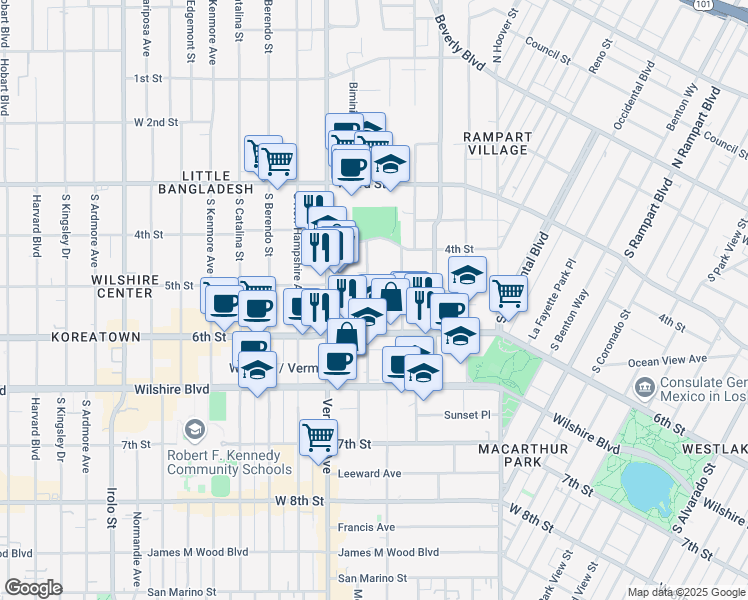 map of restaurants, bars, coffee shops, grocery stores, and more near 520 Shatto Place in Los Angeles
