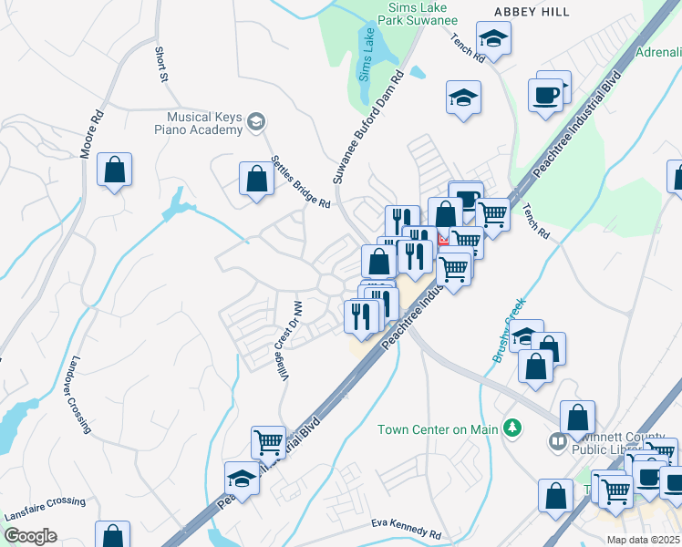 map of restaurants, bars, coffee shops, grocery stores, and more near 4371 Grove Field Park Northwest in Suwanee