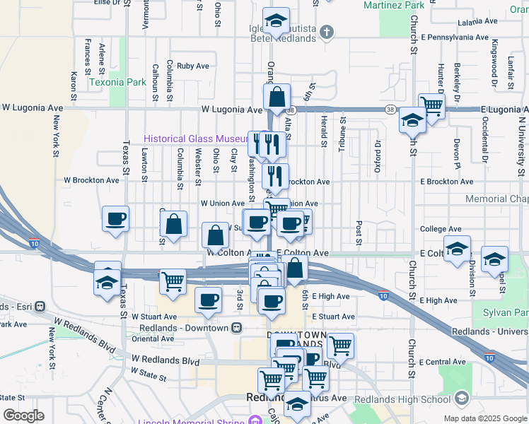 map of restaurants, bars, coffee shops, grocery stores, and more near 927 Orange Street in Redlands