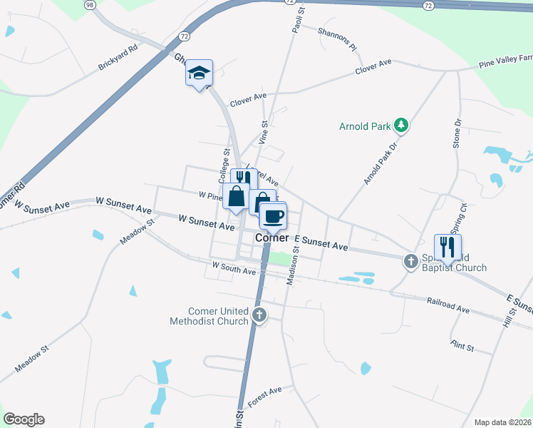 map of restaurants, bars, coffee shops, grocery stores, and more near 2061 Main Street in Comer