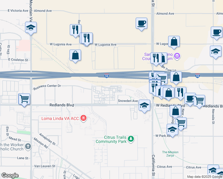 map of restaurants, bars, coffee shops, grocery stores, and more near 26234 Redlands Boulevard in Redlands