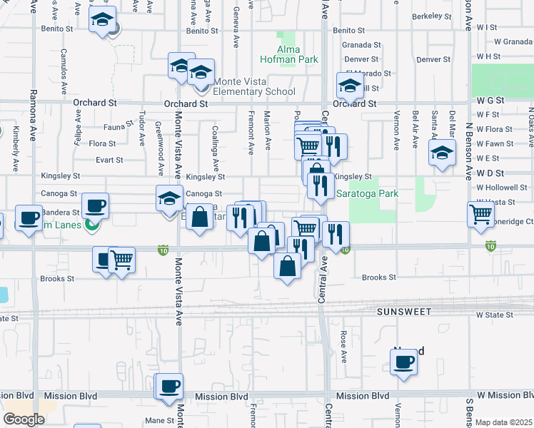 map of restaurants, bars, coffee shops, grocery stores, and more near 5125 Bandera Street in Montclair