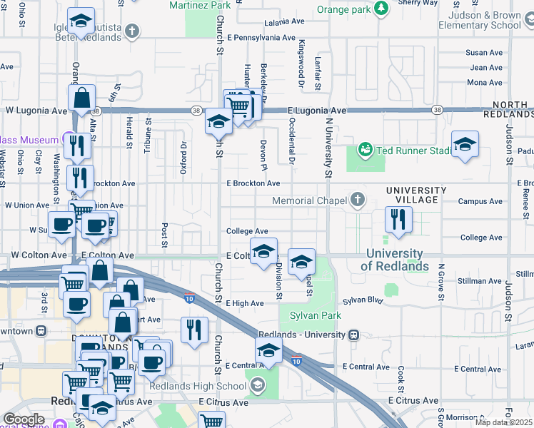 map of restaurants, bars, coffee shops, grocery stores, and more near 916 Campus Avenue in Redlands