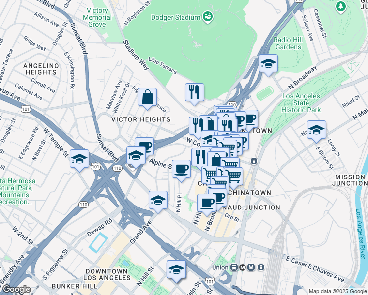 map of restaurants, bars, coffee shops, grocery stores, and more near 877 North Bunker Hill Avenue in Los Angeles