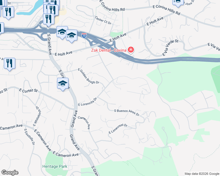 map of restaurants, bars, coffee shops, grocery stores, and more near 19912 East Lorencita Drive in Covina