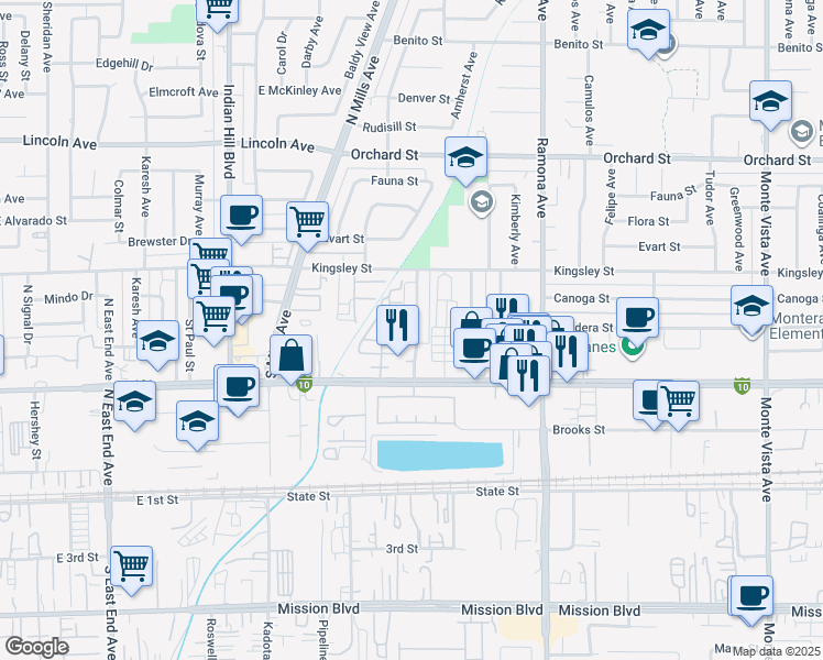 map of restaurants, bars, coffee shops, grocery stores, and more near 10410 Amherst Avenue in Montclair