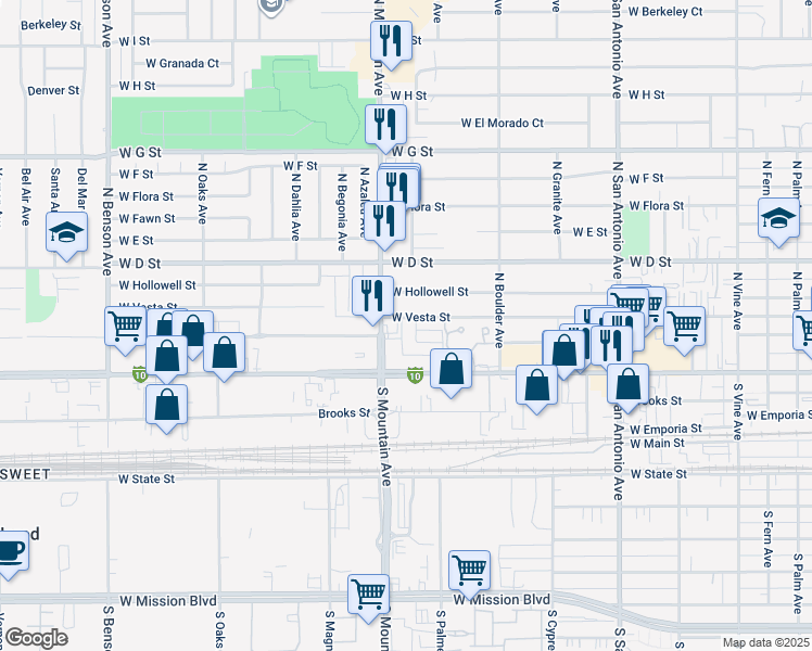 map of restaurants, bars, coffee shops, grocery stores, and more near 151 North Palmetto Avenue in Ontario
