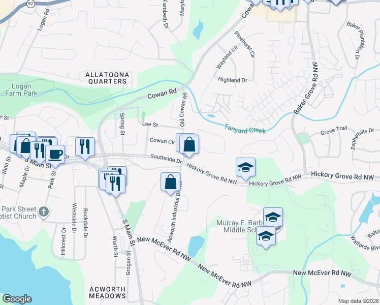 map of restaurants, bars, coffee shops, grocery stores, and more near 4554 Cowan Road in Acworth