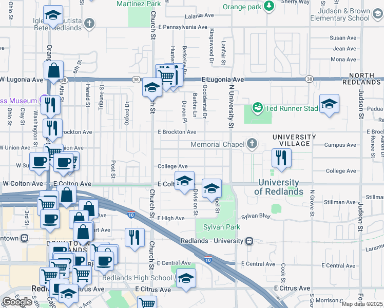map of restaurants, bars, coffee shops, grocery stores, and more near 916 Campus Avenue in Redlands