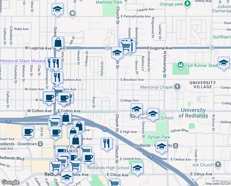map of restaurants, bars, coffee shops, grocery stores, and more near 921 Church Street in Redlands