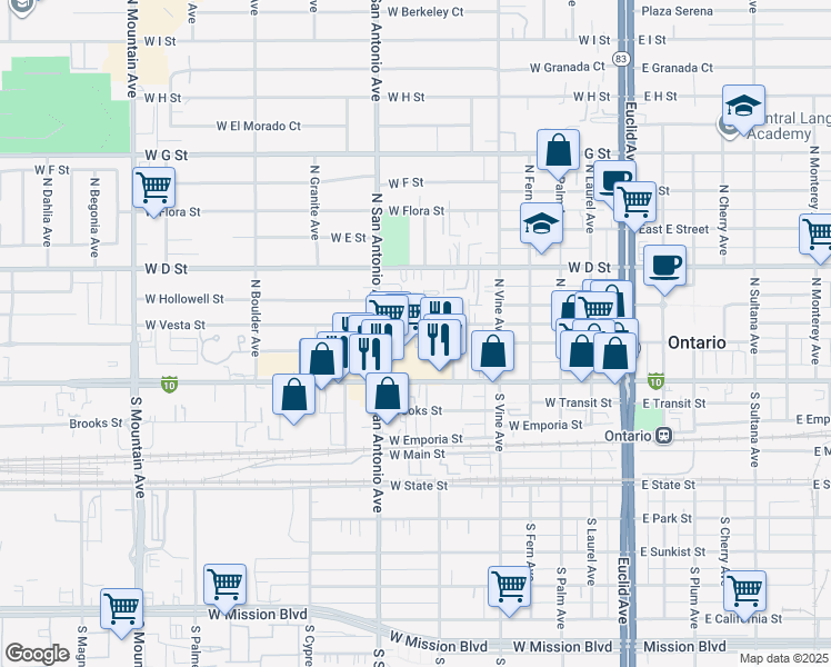 map of restaurants, bars, coffee shops, grocery stores, and more near 613 West Vesta Street in Ontario