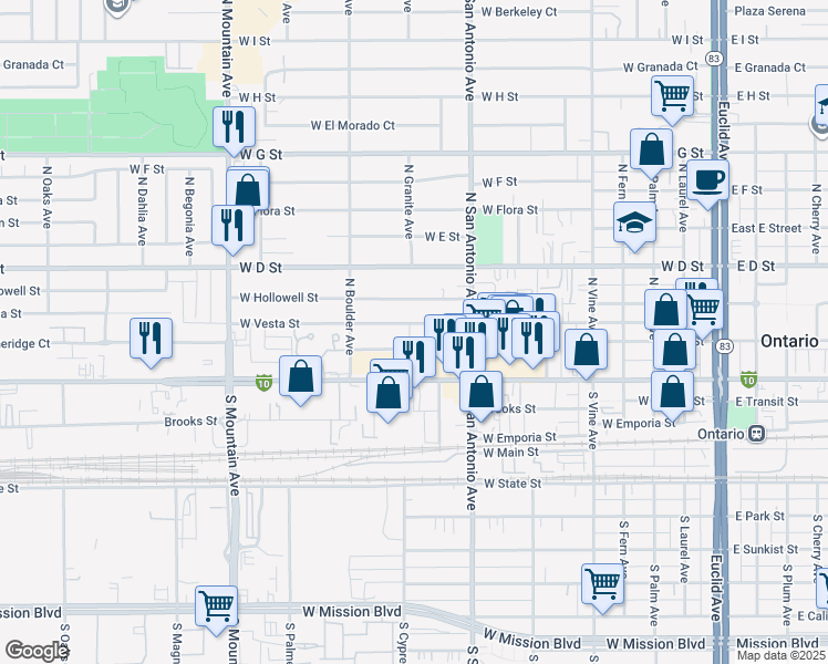 map of restaurants, bars, coffee shops, grocery stores, and more near 767 West Vesta Street in Ontario