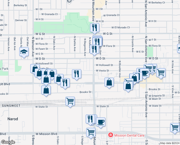 map of restaurants, bars, coffee shops, grocery stores, and more near 157 North Mountain Avenue in Ontario