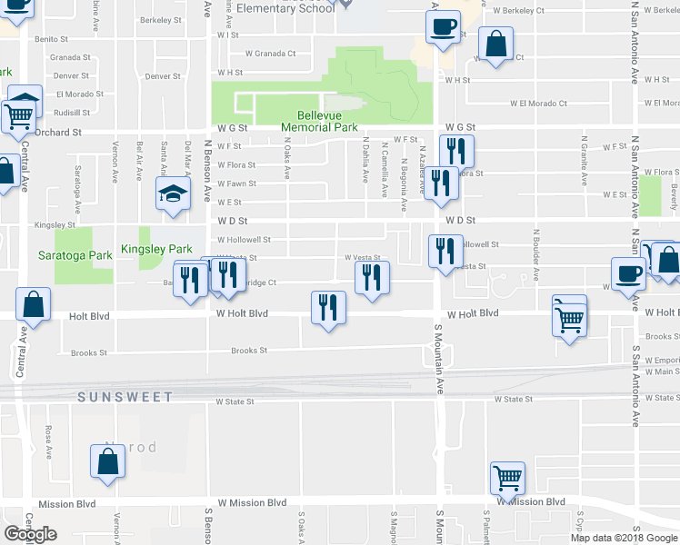 map of restaurants, bars, coffee shops, grocery stores, and more near 251 North Elderberry Avenue in Ontario