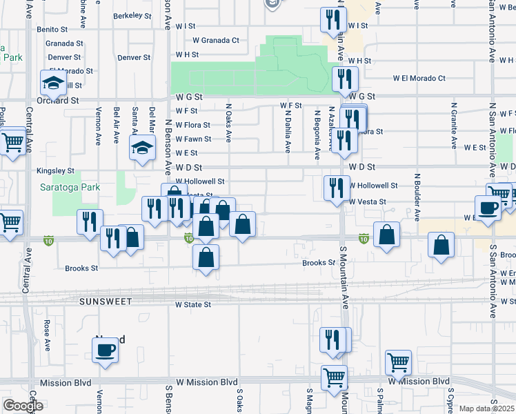 map of restaurants, bars, coffee shops, grocery stores, and more near 251 North Elderberry Avenue in Ontario