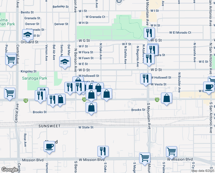 map of restaurants, bars, coffee shops, grocery stores, and more near 1356 West Stoneridge Court in Ontario