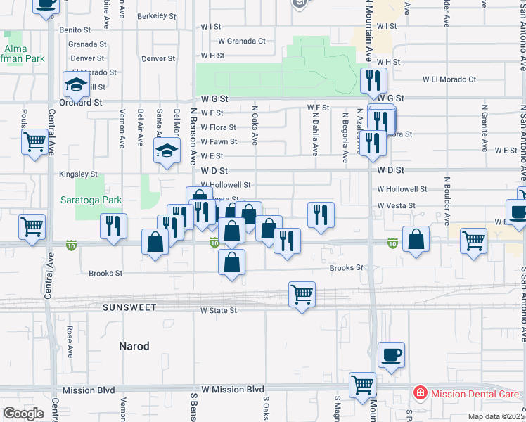 map of restaurants, bars, coffee shops, grocery stores, and more near 1356 West Stoneridge Court in Ontario