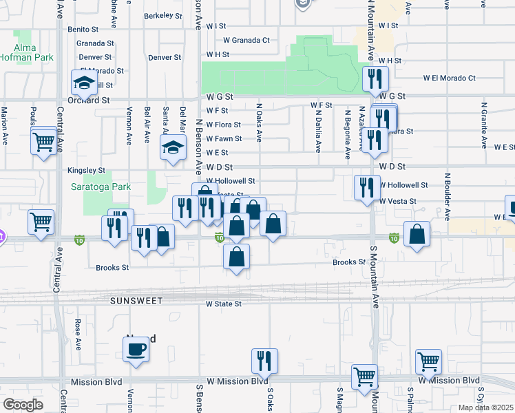 map of restaurants, bars, coffee shops, grocery stores, and more near 1356 West Stoneridge Court in Ontario