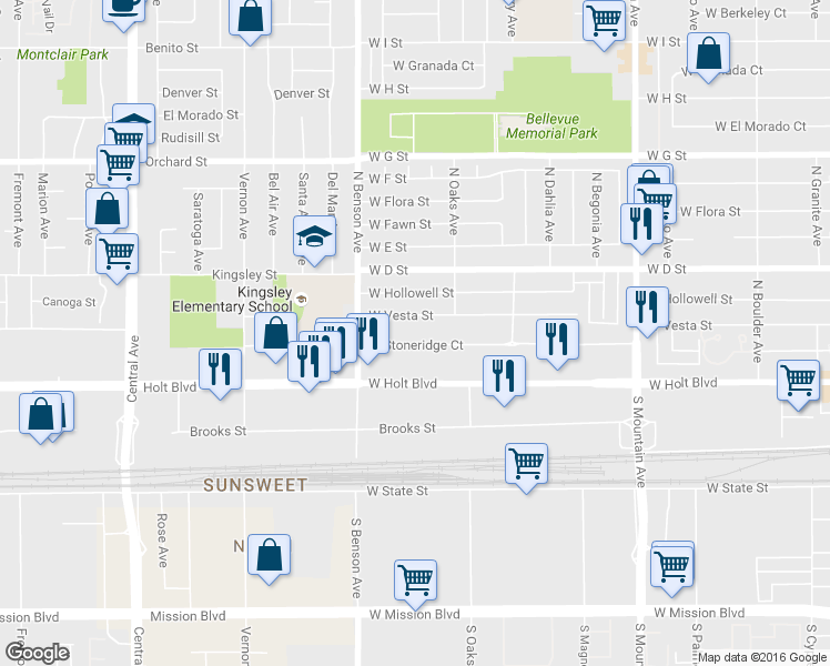 map of restaurants, bars, coffee shops, grocery stores, and more near 1430 West Stoneridge Court in Ontario
