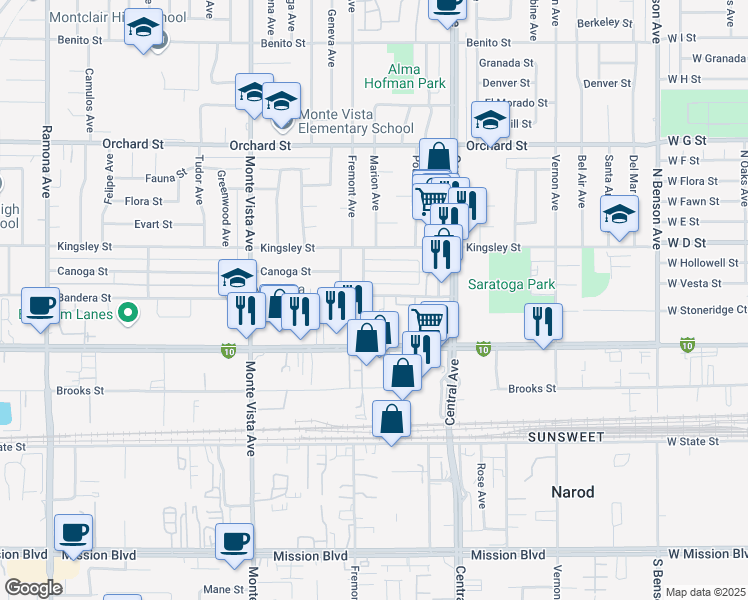 map of restaurants, bars, coffee shops, grocery stores, and more near 5125 Bandera Street in Montclair