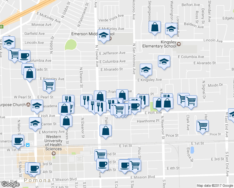 map of restaurants, bars, coffee shops, grocery stores, and more near 678 San Francisco Avenue in Pomona