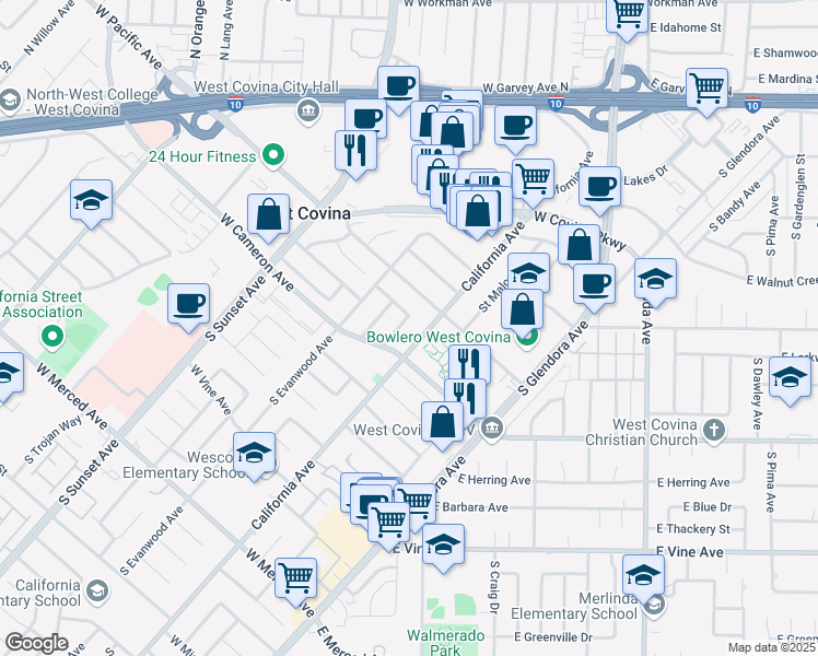 map of restaurants, bars, coffee shops, grocery stores, and more near 728 South Greenberry Drive in West Covina