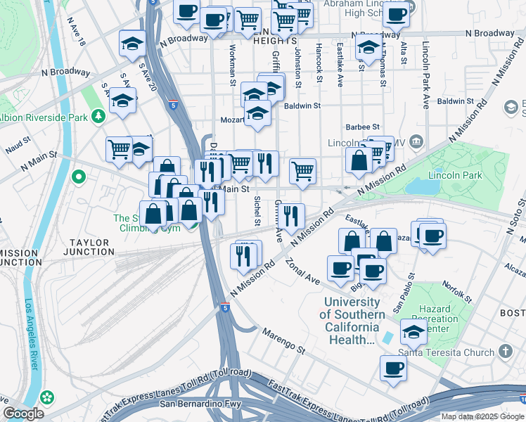 map of restaurants, bars, coffee shops, grocery stores, and more near 1819 Griffin Avenue in Los Angeles