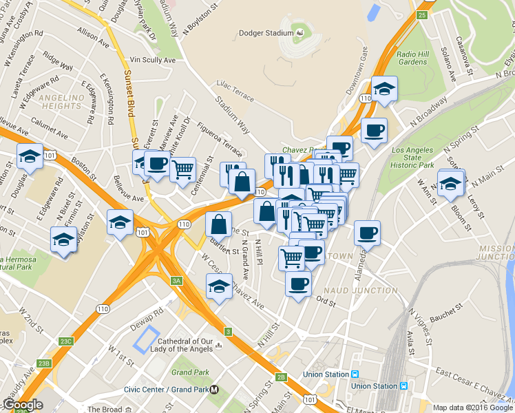 map of restaurants, bars, coffee shops, grocery stores, and more near 877 North Bunker Hill Avenue in Los Angeles