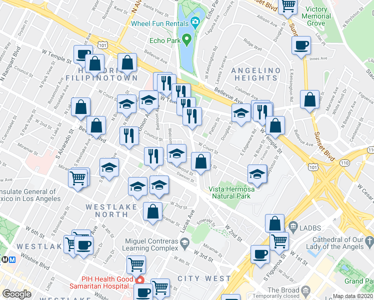 map of restaurants, bars, coffee shops, grocery stores, and more near in Los Angeles