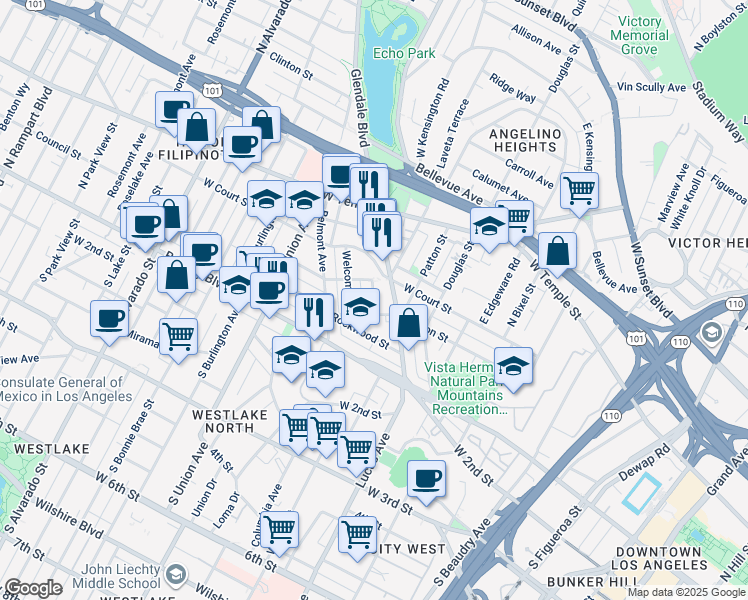 map of restaurants, bars, coffee shops, grocery stores, and more near 217 Lake Shore Terrace in Los Angeles
