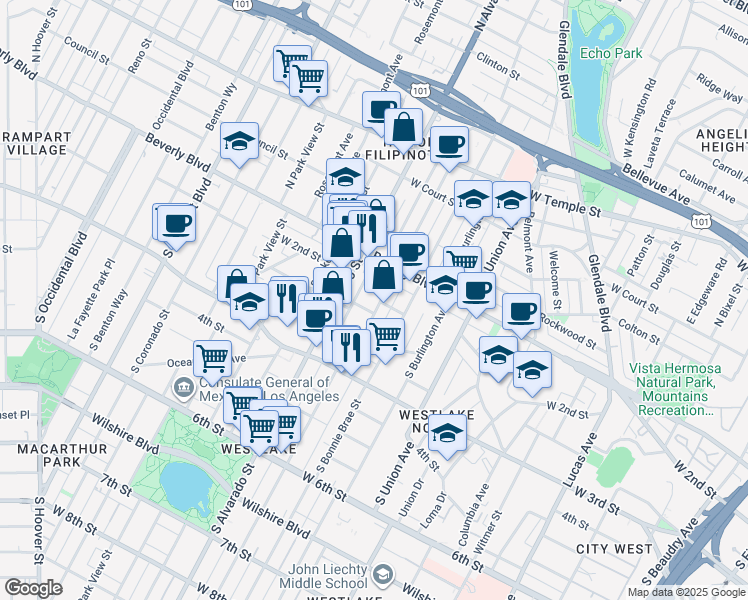 map of restaurants, bars, coffee shops, grocery stores, and more near 152 South Mountain View Avenue in Los Angeles