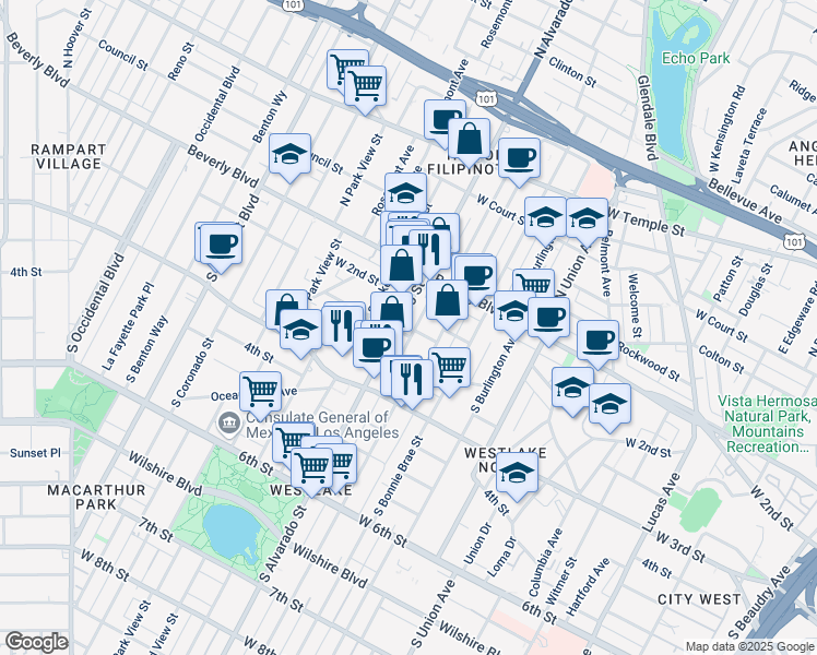 map of restaurants, bars, coffee shops, grocery stores, and more near 152 South Mountain View Avenue in Los Angeles