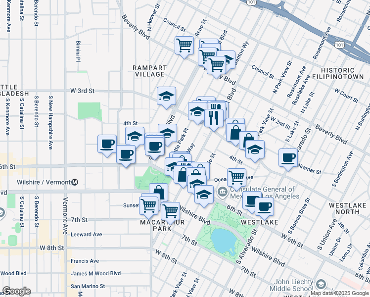 map of restaurants, bars, coffee shops, grocery stores, and more near 400 South La Fayette Park Place in Los Angeles