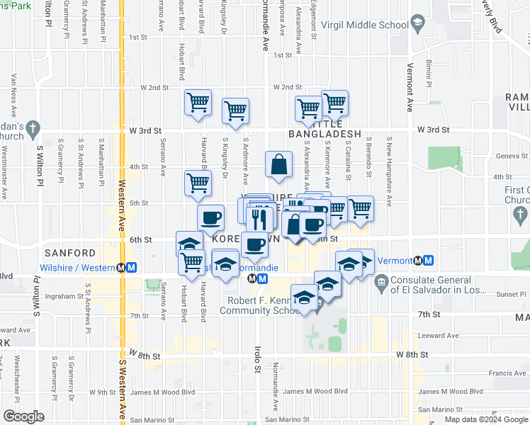map of restaurants, bars, coffee shops, grocery stores, and more near in Los Angeles