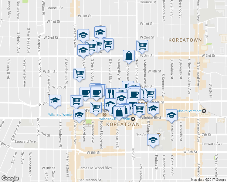 map of restaurants, bars, coffee shops, grocery stores, and more near 514 South Harvard Boulevard in Los Angeles