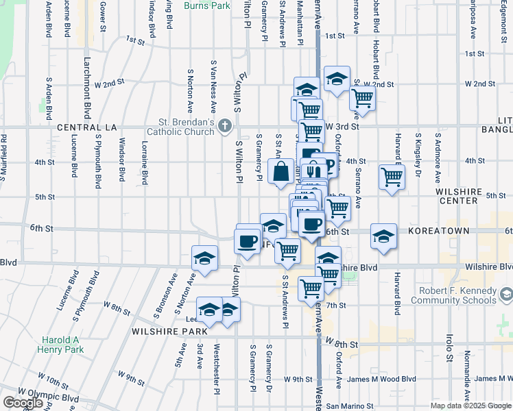 map of restaurants, bars, coffee shops, grocery stores, and more near 500 South Gramercy Place in Los Angeles