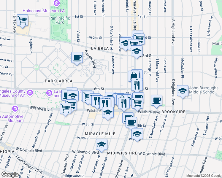 map of restaurants, bars, coffee shops, grocery stores, and more near 5525 West 6th Street in Los Angeles